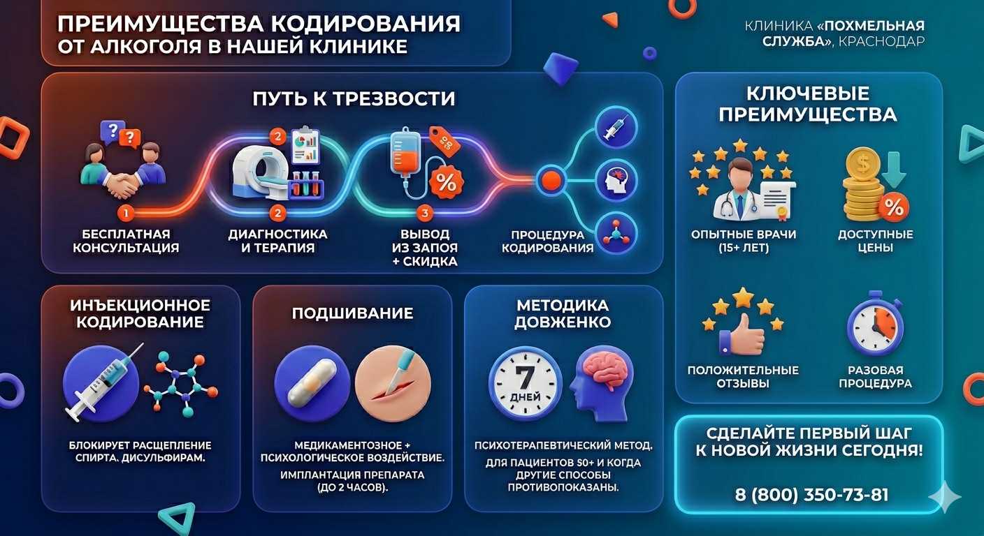 Инфографика о методах кодирования от алкоголя в Немане: инъекции, подшивание, метод Довженко. Преимущества клиники и этапы лечения.