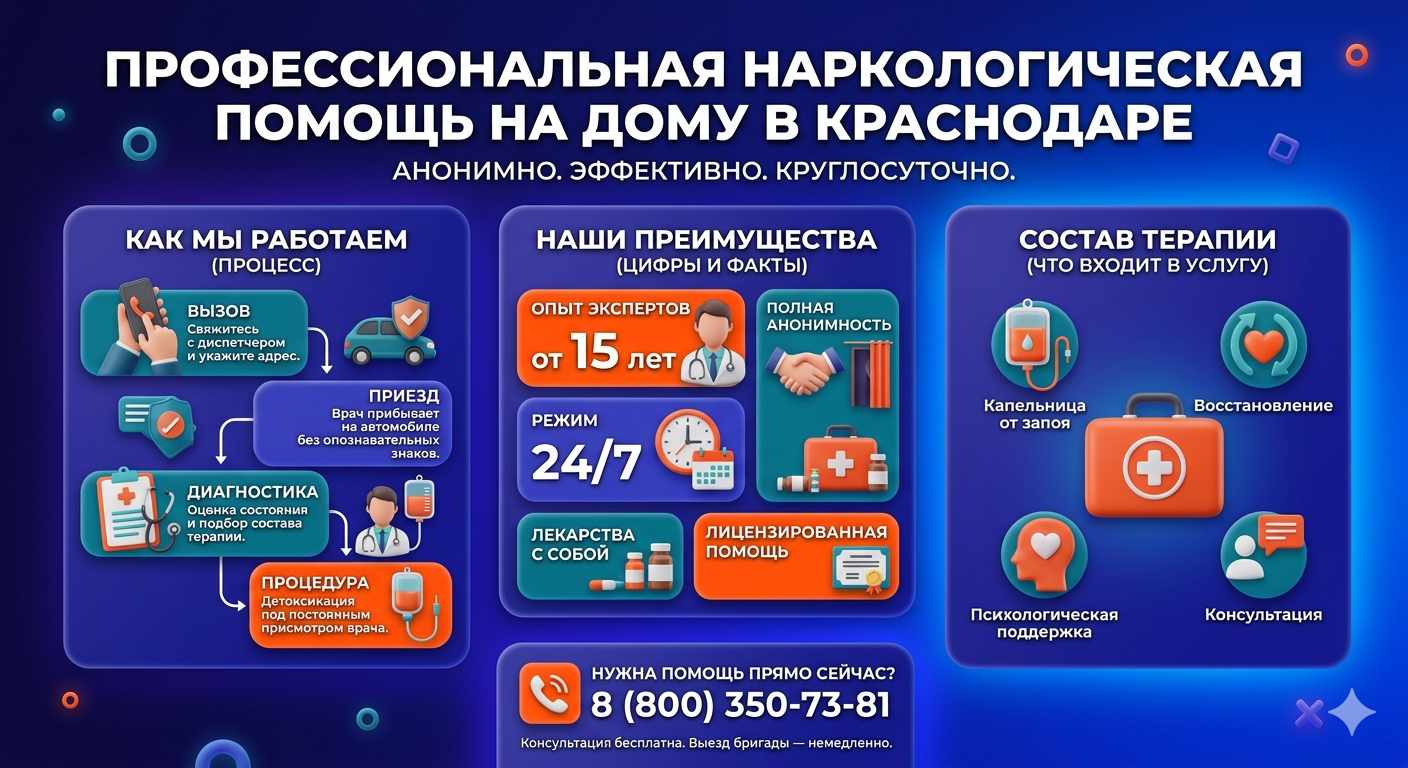 Инфографика о принципах лечения алкоголизма на дому в Немане: этапы вызова нарколога, преимущества анонимной детоксикации и состав медицинской помощи.